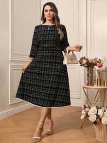 EMERY ROSE 大码女式格子圆领七分袖中长连衣裙，秋冬款 - 黑與白 - 查看 5