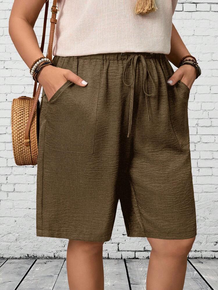 Plus Size Women's Solid Color Drawstring Waist Pocket Casual Loose Shorts