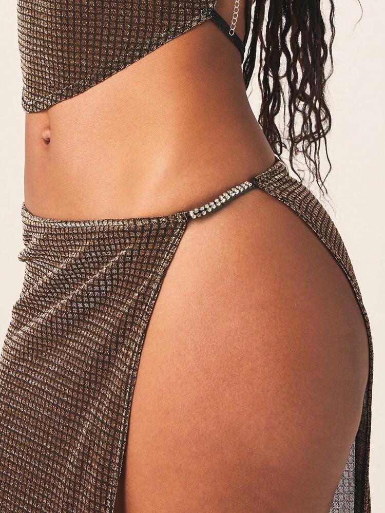 MISSGUIDED Damen Metallic Gold Kettenhemd Diamant verzierter Oberschenkelschlitz Maxi Bodycon Clubparty Abendrock