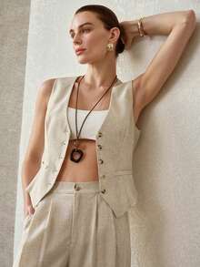 MOTF PREMIUM SOLD FOLD PLEATED SLANT POCKET WIDE LEG SUIT PANTS - Khaki - View 4