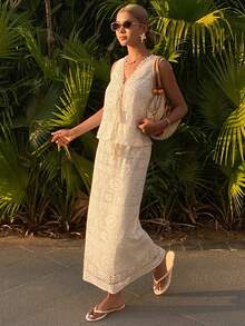 DAZY Women's Vacation Tassel Front Tie Hollow Out Camisole And Skirt 2 Pieces Set - Beige - View 6