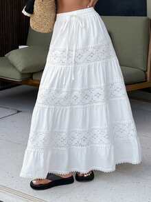 DAZY 女士优雅蕾丝拼接松紧腰半身裙，夏季 - 米色 - 查看 5