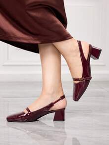 Sleekvia New Burgundy Square Toe Chunky Heel Strap Backless Comfortable Non-Slip Versatile Women High Heel Shoes, Spring/Autumn - Burgundy - View 8