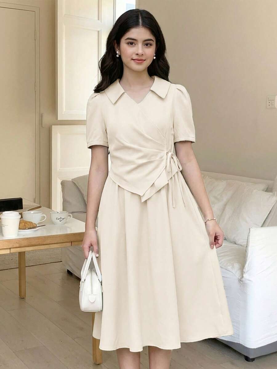Teen Girl Woven Apricot Collared Ruched Bow Tie Short Sleeve Casual Dress - Apricot - View 1