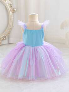 SHEIN Glamorique Kids 女嬰公主洋裝，淺藍色花卉，夏季，花童，度假，吊帶荷葉袖，生日派對婚禮節慶舞會洋裝 - 紫色 - 查看 2