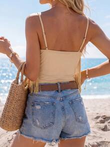 SHEIN LUNE Top Ajustado De Cuerpo Con Flecos Sólidos Para Mujeres, Escote En V Y Estilo De Cami Para Playa De Verano - Albaricoque - Ver 2