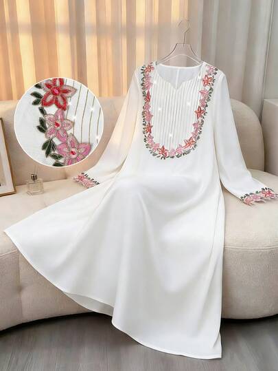 Yasmyna Elegant Floral Embroidery Patchwork Long Sleeve Loose Flowy Romantic Dress