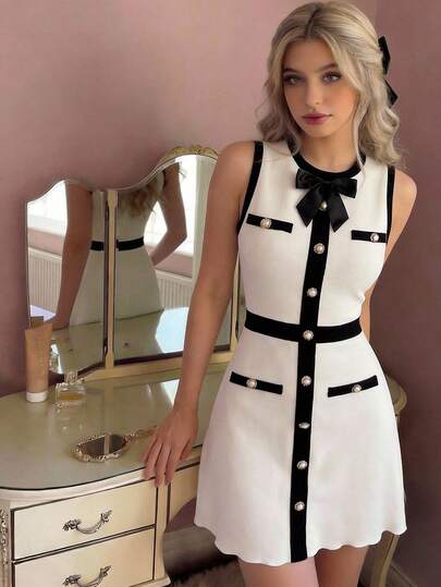 SHEIN MOD Vestido mini sin mangas con hebilla metálica de contraste y lazo