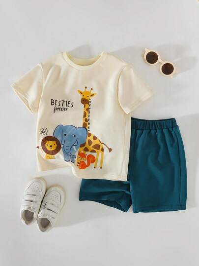 THE HAPPY LOOK 2pcs/Set Young Boy Cartoon Animal Print Soft Knit Crew Neck Short Sleeve Top And Elastic Waist Shorts
