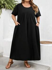 SHEIN CURVE+ Curve 尺码 US22 音乐节、海滨度假、波西米亚风女士纯色长款双口袋休闲沙滩裙 - 黑色 - 查看 8