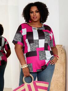 BrightlyHer Plus Size Summer Casual Contrast Color Print Short Sleeve T-Shirt - Hot Pink - View 1