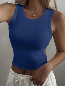 DAZY Top corto casual y sexy con cuello redondo, diseño hueco y espalda descubierta, estilo Y2K para mujer - Azul Marino - Ver 2