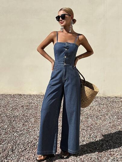 DAZY Mono de verano para mujer con tirantes finos, pantalones peto vaqueros casuales y elegantes con espalda descubierta y lazada