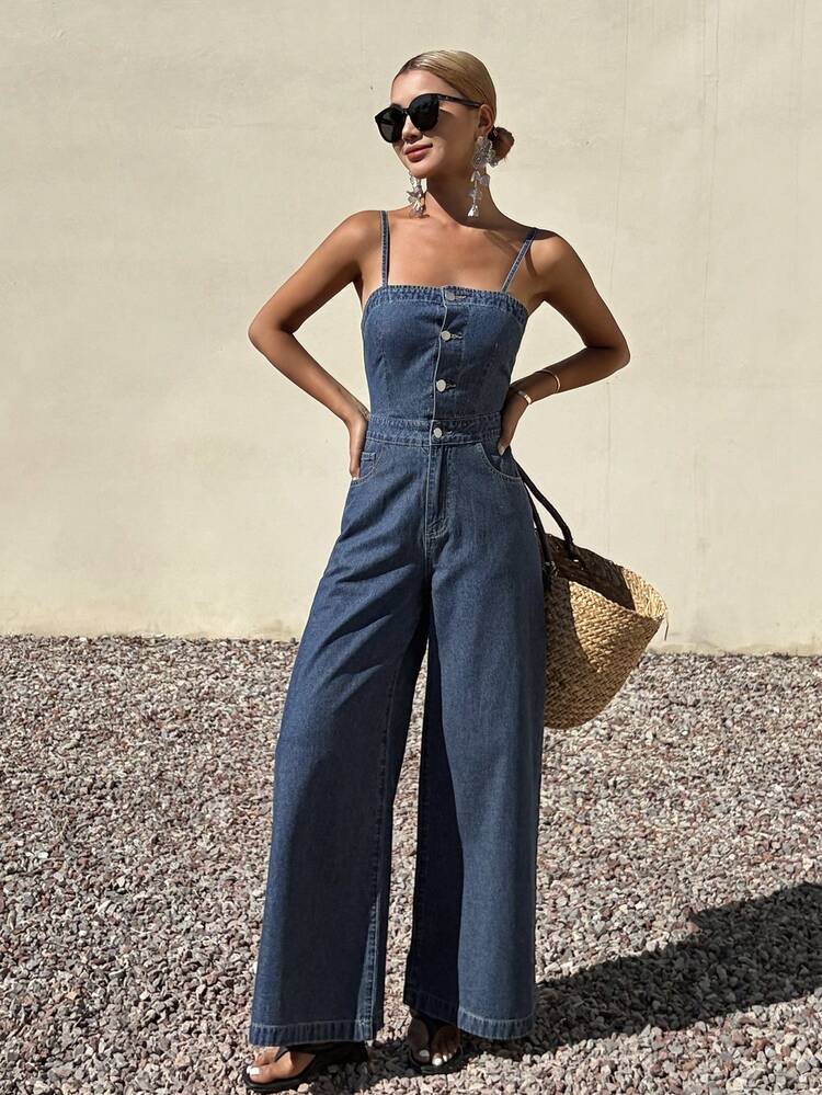 Women's Summer Spaghetti Strap Jumpsuit, Backless Tie-Up Casual Elegant Denim Bib Pants & Jumpsuit