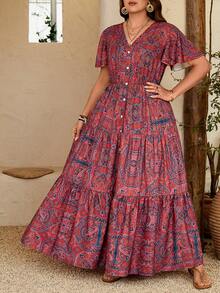 Breezaya 大码波西米亚风V领荷叶袖长连衣裙，适合音乐节和度假穿着，女士夏季连衣裙，波西米亚印花连衣裙，荷叶边下摆连衣裙，波西米亚风连衣裙，印花长款连衣裙，夏季连衣裙，女士休闲连衣裙，波西米亚风连衣裙，波西米亚风长款连衣裙 - 彩色 - 查看 7