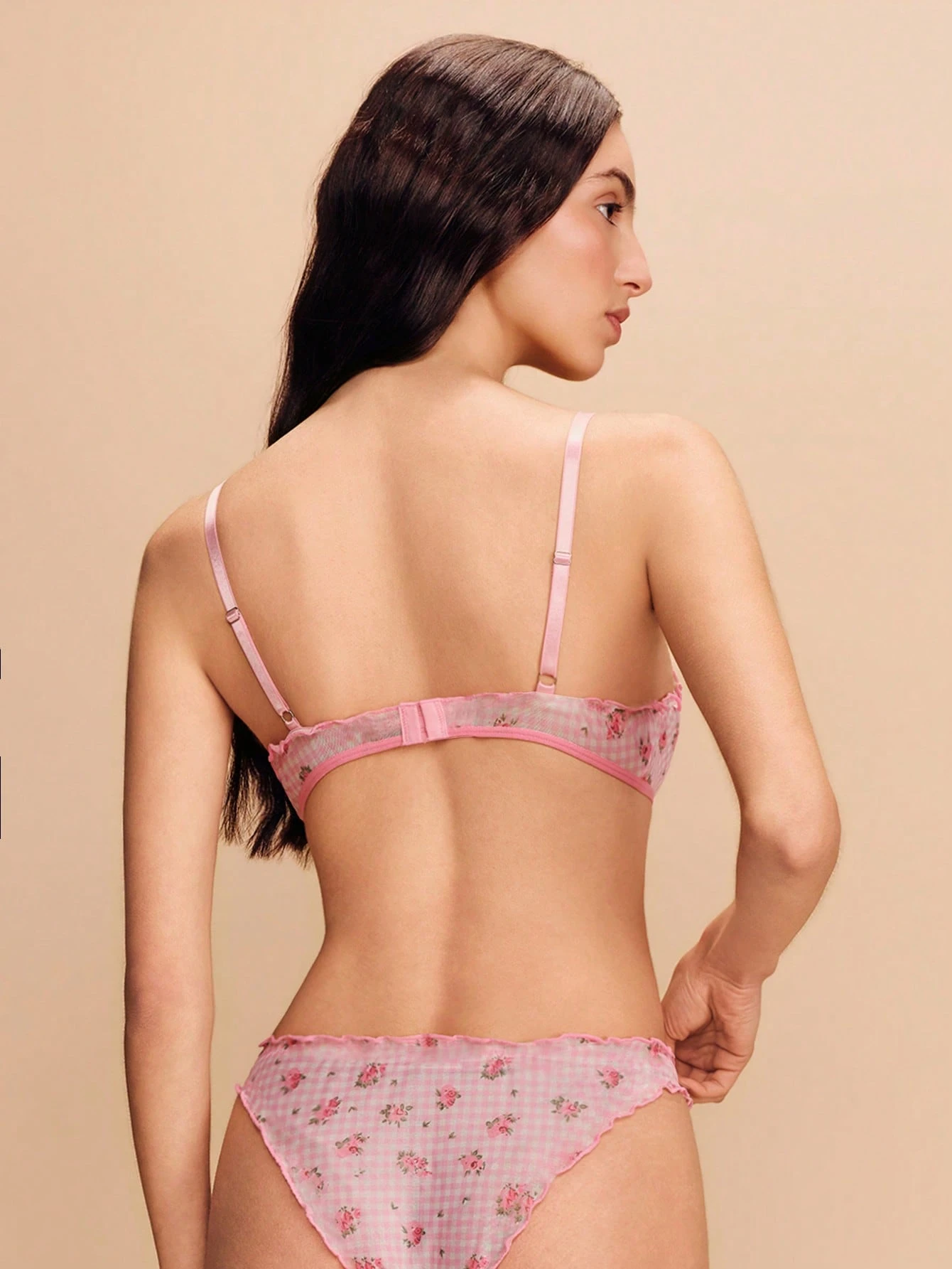 Printed Mesh Bralette And Panty With Contrast Ruffles Mesh Lingerie Set Pink Lingerie Spring Summer Sexy Lingerie Cute Lingerie Matching Bra And Panties Set Panty And Bras Sets Pink Floral Lingerie