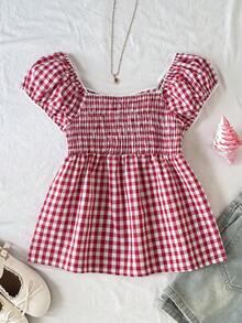 SHEIN 青少年女孩休閒日常時尚復古紅白格紋短袖襯衫 - 酒紅色 - 查看 2