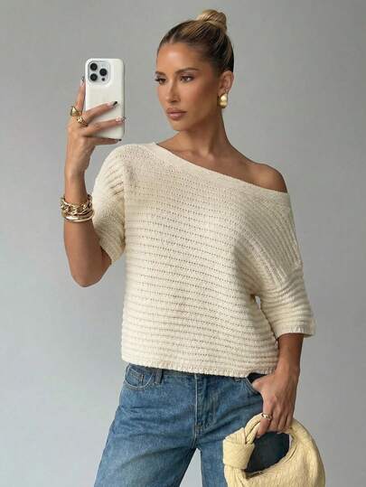 Lumalex Spring Summer Women's Solid Color Loose Casual Asymmetric Shoulder Knit Top Luxury Prom Gathering Party Banquet Modest Spring Break Summer Holiday Valentine's Day Carnival Costume Beach Wedding Guest Luxury Evening Bridesmaid Weddings & Events Going Out Elegant Vacation Luxury Evening Old Money Glitter Holiday Party Rave Festival Outing Vacation Hot Outdoor Richly Layered Wedding Season Banquet Party Looks Of Birthday Party