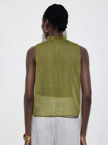 Aveloria Modichic Olive Green Sleeveless Layered Ruffle Collar Blouse, Metallic Striped Chiffon Elegant Casual Versatile Top, Vintage French Romantic Style - Green - View 3