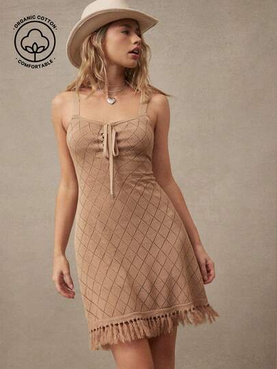 WESTFADE V Neck Front Lace Up Sleeveless Fringe Hem Diamond Stitch Knit Mini Dress Spring, Resort Wear, Summer, Casual, Cute, Boho, Stagecoach, Coachella, Festival, Nashville, Cowgirl, Western Clothes, Vacation, Beach