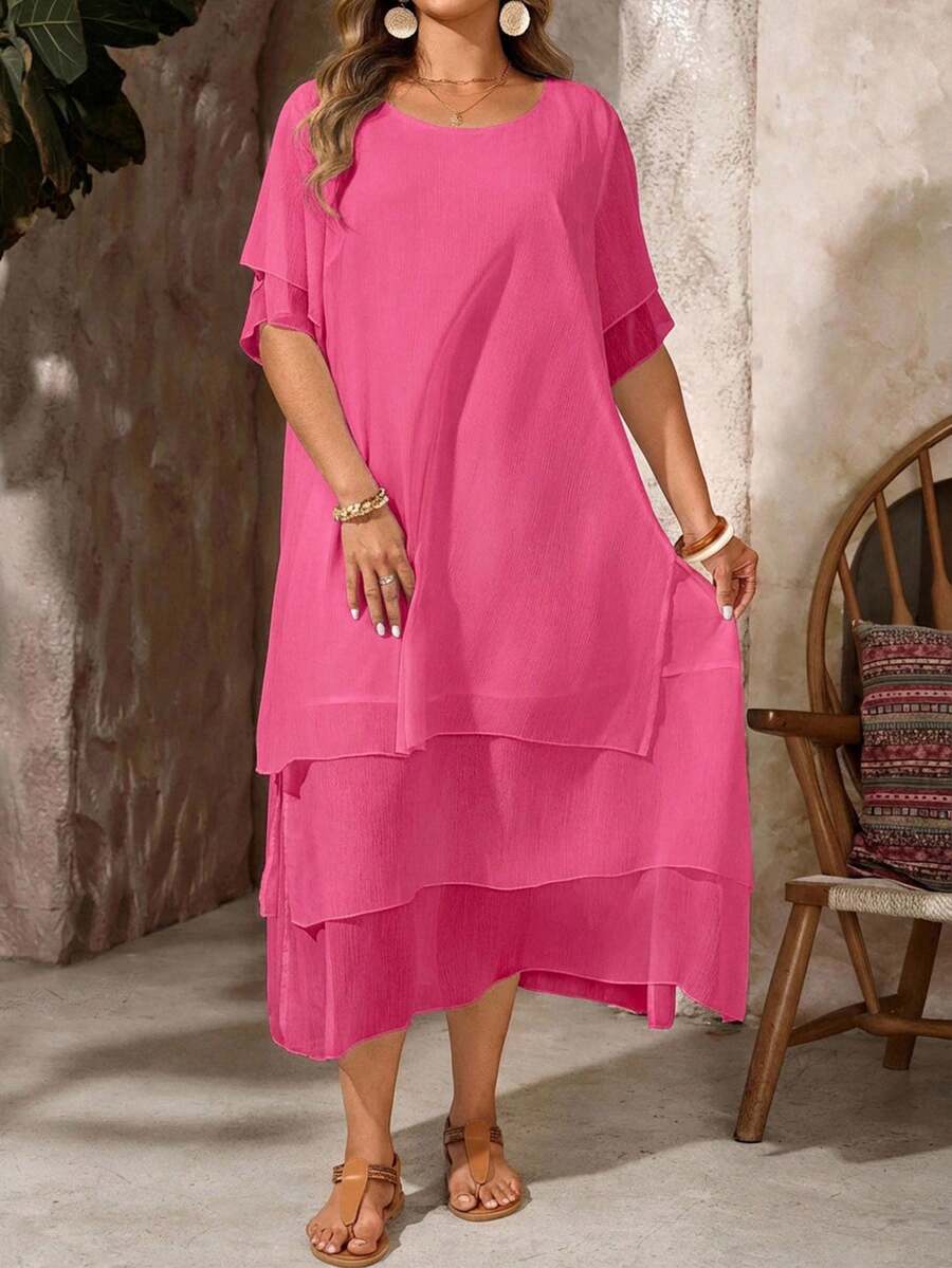 EMERY ROSE Plus Size Casual Dress, White Round Neck Sleeveless Asymmetrical Flowing Hem, Bohemian Style, Suitable For Spring & Summer - Hot Pink - View 1