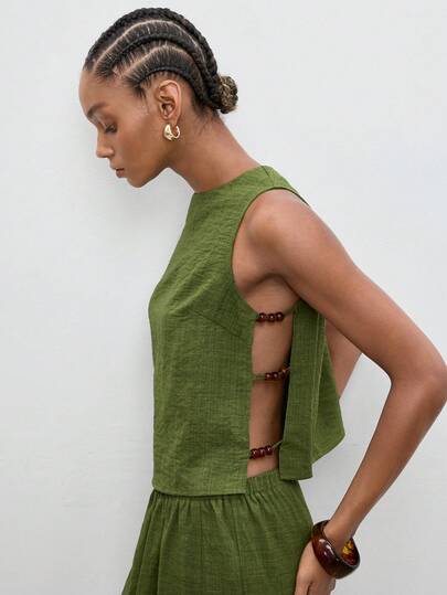 Maija Women Solid Green  Color Round Neck Side Slit Beaded Connection Camisole,  St Patrick's Day Women , Spring Clothes, Spring Outfit , Spring Women, Summer Outfits , Summer Tops , Summer Outfit For Women , Party Top, Beach Outfits For Women , Beach Outfits, Beach Top, Tops For Going Out , Elegant Tops For Ladies , Holiday Outfits For Women, Summer Holiday Outfits , Holiday Outfits, Beach Vacation Outfits For Women, Casual Blouses For Women, Casual Blouse For Women, Casual Outfit For Women