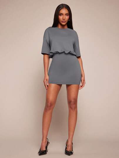 Radiana Women's Spring/Summer Fashion Casual Minimalist Chic Round Neck Waist Cinched Bodycon Short Sleeve Mini Dress, Suitable For Urban, Sexy Office Siren Coquettish, Cruise Attire, Commuting, Business, Retro, Vintage, Party, Resort, Outing, Old Money, Richly Layered, Date Night, Gathering, Minimalism, Birthday, Formal Event, Gyaru, Ibiza, Nashville, Break, Modest, Chic, Casual, Shopping, Streetwear, Going Out, Coquette, Accentuate Your Body, Flatter The Figure