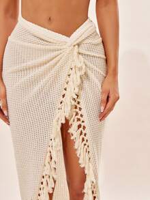 Radiana 女士夏季波西米亚风杏色钩针流苏裹身裙，高开衩钩针长裙，适合假日、海岛、度假、海滩、音乐节、嘉年华、音乐会、乡村音乐会等场合。 - 杏色 - 查看 4