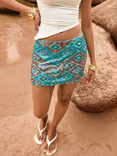 Poéselle Women's Vacation Geometric Sequin Bodycon Mini Skirt Sequin Skirt Bikini Cover Up Skirt Vacation Skirt Turquoise Skirt