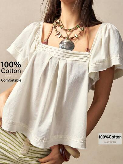 Bohemela Women's Solid Color Square Collar Ruffle Sleeve Loose Blouse