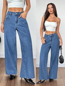 SHEIN Tall Summer TALL Women's Casual Elegant High Waisted Wide Leg Denim Pants For Women Frayed Hem Baggy Casual Jeans Pocket Button Casual Versatile Daily Wear Wide Leg Jeans - Medium Wash - View 8