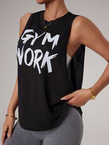 Dewbera 女士圆领字母印花休闲百搭日常运动无袖T恤 - 黑色 - 查看 4