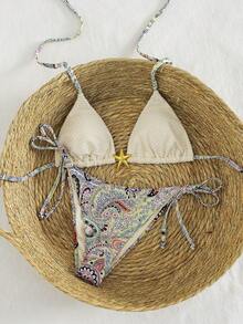 Breezaya Bộ bikini tam giác 2 mảnh hai mặt phong cách Boho thanh lịch mới về dành cho nữ, màu trắng kem chấm bi, họa tiết Paisley nhiều màu sắc tinh tế kết hợp với họa tiết hoa xoáy, nền vàng nhạt, lý tưởng cho kỳ nghỉ hè trên bãi biển. - Nhiều màu - Xem 9