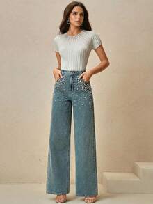 Anewsta Women's Spring Fashion Rhinestone Embellished Straight Leg Loose Wide-Leg Elegant Jeans - Blue - View 7