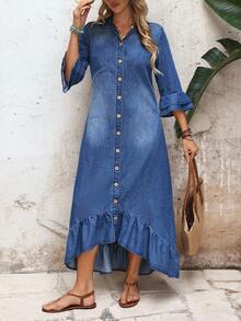 EMERY ROSE Women's Casual Denim Dress With Bell Sleeves, Single-Breasted, Ruffle Hem - Blue - View 6