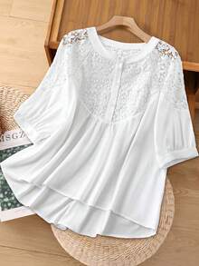 EMERY ROSE 大码女式纯色蕾丝拼接衬衫，春季女装，度假女装，休闲女式衬衫，白色衬衫，假日女装，海滩度假女装，蕾丝白色上衣，白色波西米亚风上衣，夏季大码衬衫，白色，大码上衣，白色蕾丝上衣，女士白色衬衫，优雅休闲女式衬衫，夏季上衣，新款衬衫，最新款女式上衣，法式衬衫，优雅衬衫，女士衬衫，休闲优雅女士衬衫，夏季最新款女士上衣，新款女士上衣和衬衫 - 白色 - 查看 6