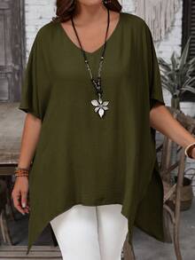 EMERY ROSE Plus Size Women's Solid Color V-Neck Casual Versatile Daily Wear Mid-Sleeve Shirt - Army Green - View 3
