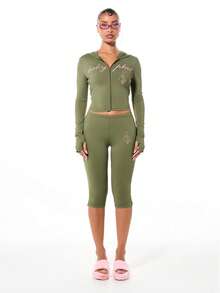 BABYPHAT Olive Green Zip Up Hooded Crop Top With Script Print Long Sleeve Jersey Top Women Fall Winter Casual Streetwear - Green - View 5