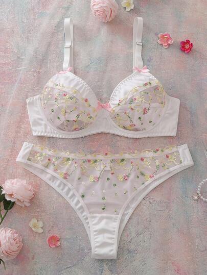 2pcs/Set Plus Size Women's Embroidered Thin Underwire Supportive Bra And Embroidered Triangle Panty Set