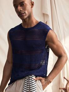 Manfinity CityGents Men's Solid Color Round Neck Hollow Out Casual Sleeveless Knit Top Sleeveless Knit Top Men Mesh Tops Men - Navy Blue - View 1
