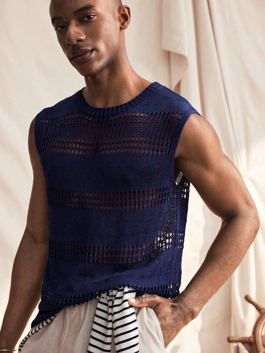 Manfinity CityGents Men's Solid Color Round Neck Hollow Out Casual Sleeveless Knit Top Sleeveless Knit Top Men Mesh Tops Men - Navy Blue - View 1
