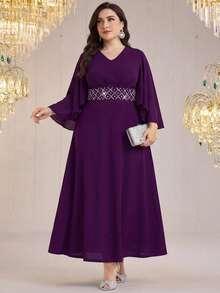 Reflora Đầm dài tay cổ chữ V đính đá lấp lánh dành cho nữ cỡ lớn, thích hợp cho các buổi tiệc hoặc sự kiện thường ngày. - Màu tím - Xem 13