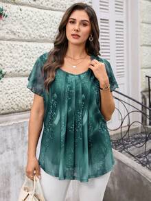 Miaspire 大码女式夏季度假圆领荷叶边短袖印花蓝色衬衫 - 墨綠色 - 查看 7