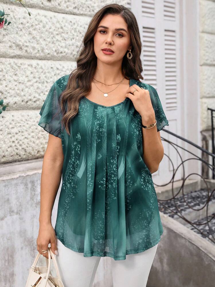 Plus Size Women Summer Vacation Round Neck Ruffle Trim Short Sleeve Floral Print  Green  Blouse Top Shirt,Summer\Vacation,Summer Holiday,Spring Break Outfits ,Vacation Outfits Women ,Holiday Outfits For Women,Going Out Outfits,2026 New Clothes,Simple And Fashionable For Everyday Wear,Suitable For Summer, Vacation, Daily Wear, Green Blouses For Women, Teal Tops, Green Summer Top