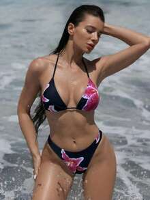 Swim SXY Conjunto de bikini de 2 piezas con estampado floral, escote en V sexy y cuello halter con lazo para mujer - Multicolor - Ver 3