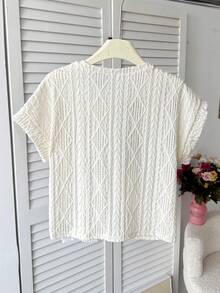 SHEIN Tween Girl Casual Fashion Elegant Rhinestone Handcrafted 3D Floral Decor Round Neck Dolman Sleeve Knit Textured Jacquard Loose T-Shirt Top KIDS - Beige - View 2