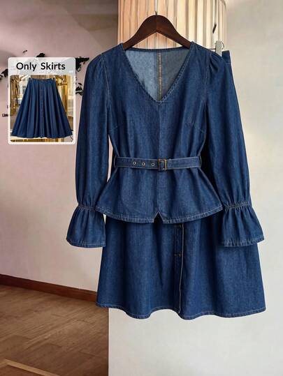 GlowEve Women's Single-Breasted Pleated Casual Versatile Daily Wear Denim Skirt