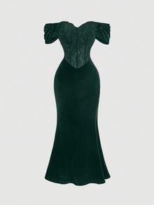 SHEIN MOD Đầm nữ thanh lịch trễ vai, đuôi cá, phối ren tương phản. - Màu xanh lá cây đậm - Xem 8