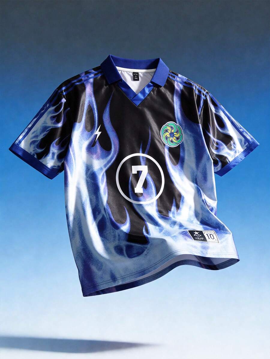 ROMWE MEN Street Life Men's Summer Casual Flame Print Short Sleeve Polo Shirt - Blue - View 1