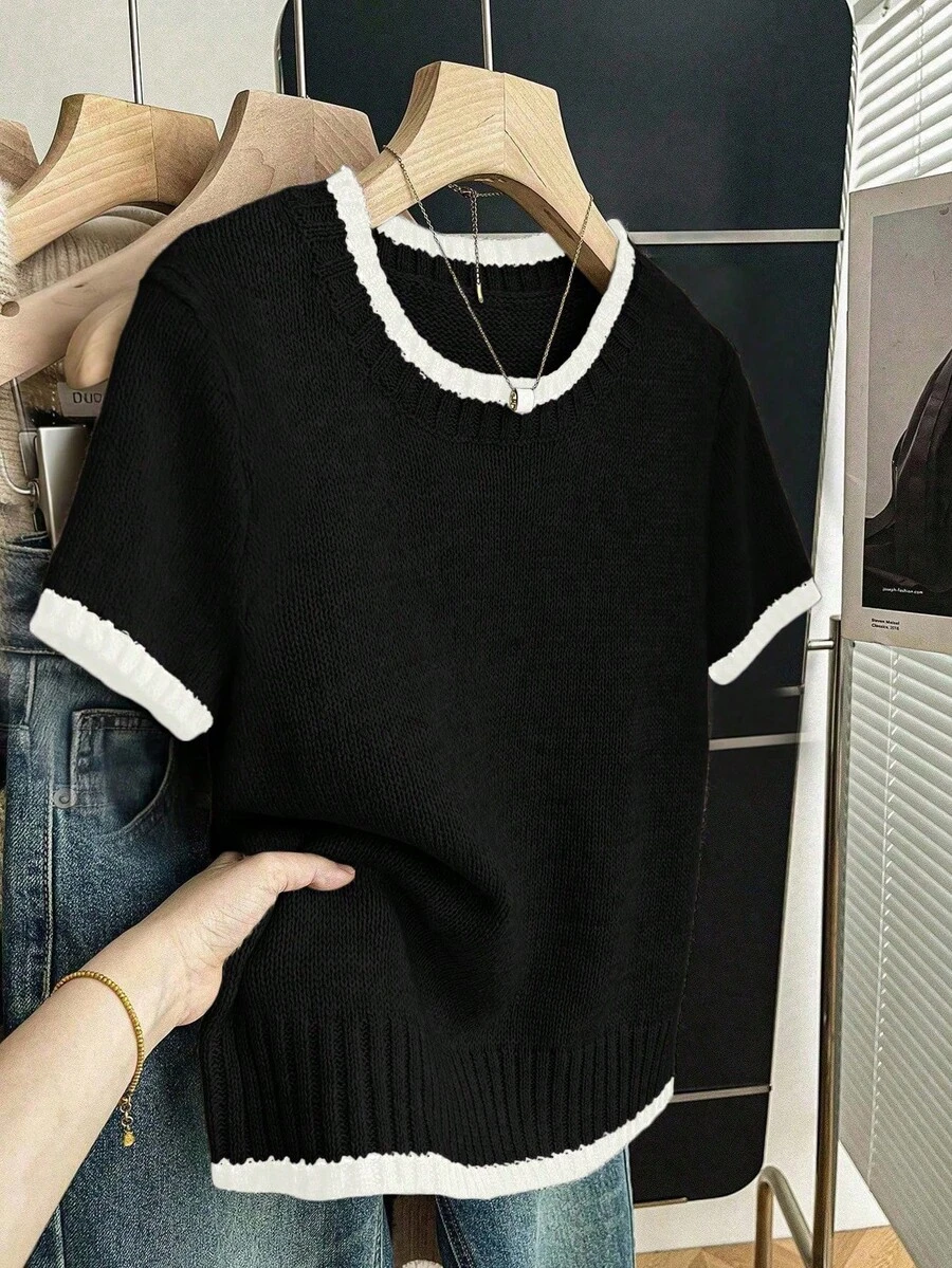 SHEIN Franclia 新款夏季简约个性拼接撞色优雅针织女式上衣 - 黑色 - 查看 1